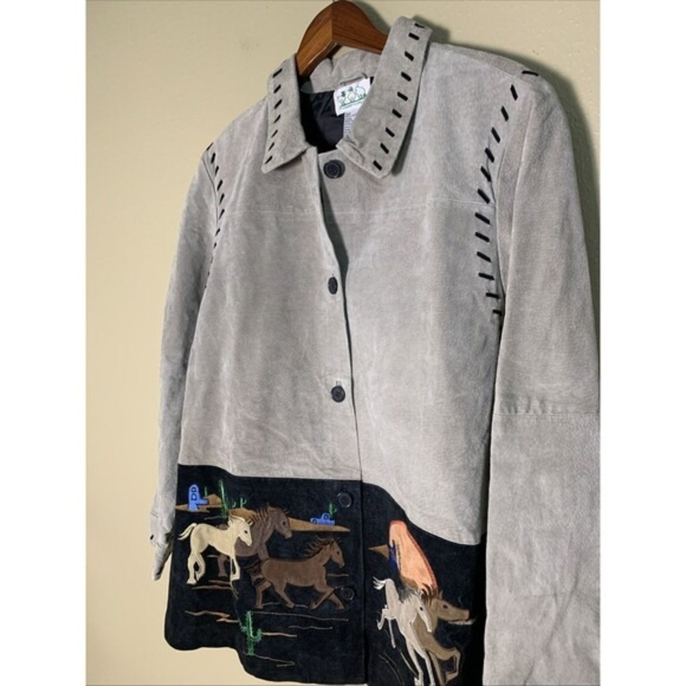 Quacker Factory Horse Suede Leather Jacket Womens L Gray Western Embroidered - Picture 4 of 8